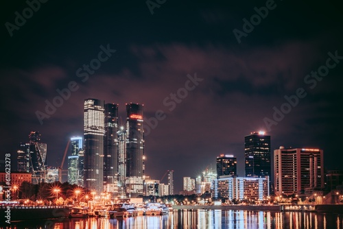 Moscow, Russia - 8 June 2023: Night panoramic photo of the skyscrapers of the city of Moscow, Moscow City.