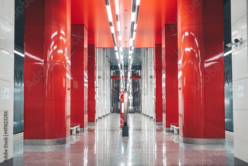 Moscow, Russia - 8 June 2023: Moscow metro station in red colors.