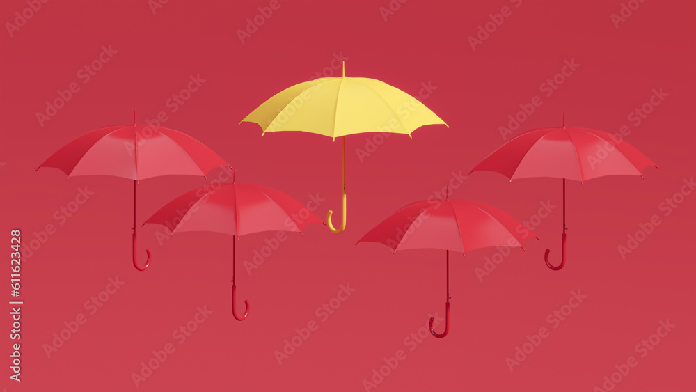 Yellow umbrella over red background. Standing out from the crowd.  Concept of difference. Advertisement idea. Creative composition. 3d render, social media and sale concept
