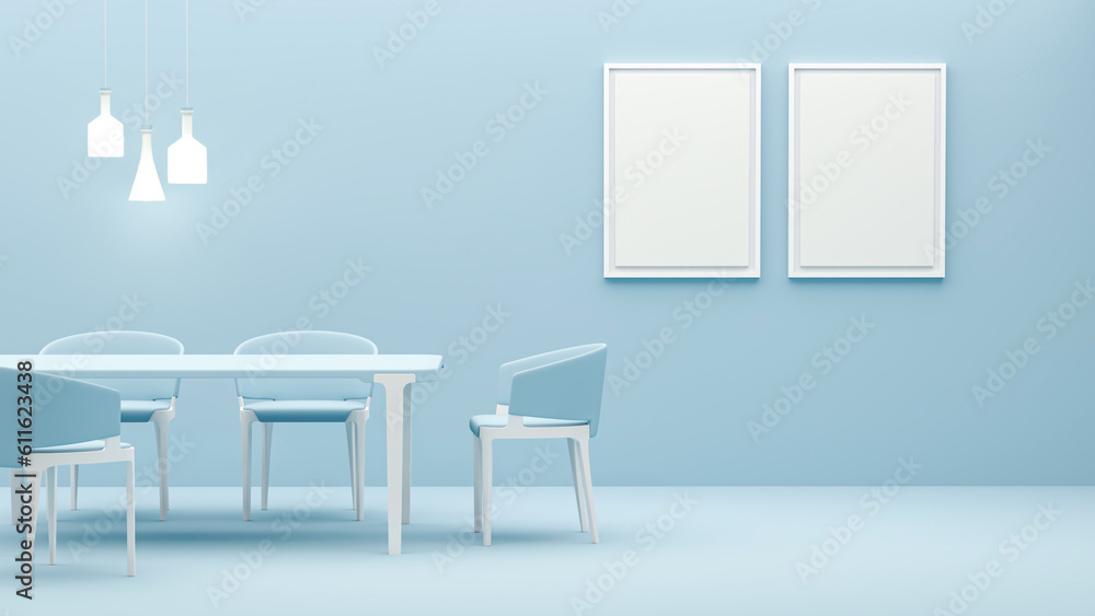 Interior of the room in plain monochrome pastel blue color with furnitures and room accessories. Light background with copy space. 3D rendering for web page, presentation or picture frame backgrounds. Interior of the room in plain monochrome pastel blue color with furnitures and room accessories. Light background with copy space. 3D rendering for web page, presentation or picture frame backgrounds.