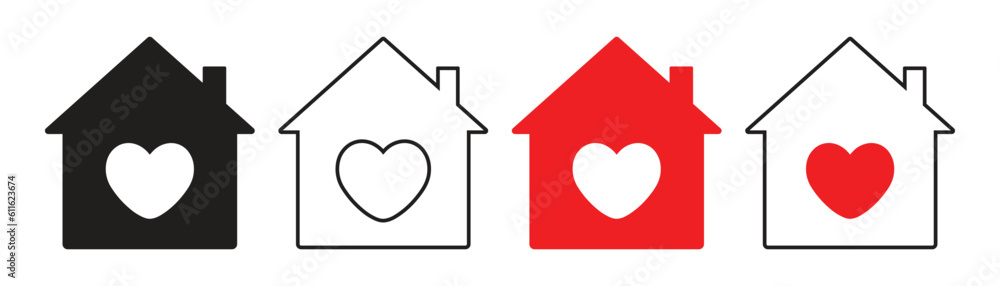 House with heart inside icon set, Home with heart indication of family support and harboring House with heart inside icon set, Home with heart indication of family support and harboring