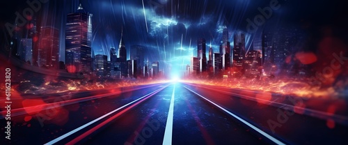 Light Trails with Motion Effect. Red and Blue High Speed Light Effect. Long Exposure. Generative AI © Resdika