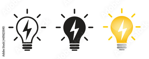 Lamp with lightning vector icon set, Light bulb and thunderbolt sign