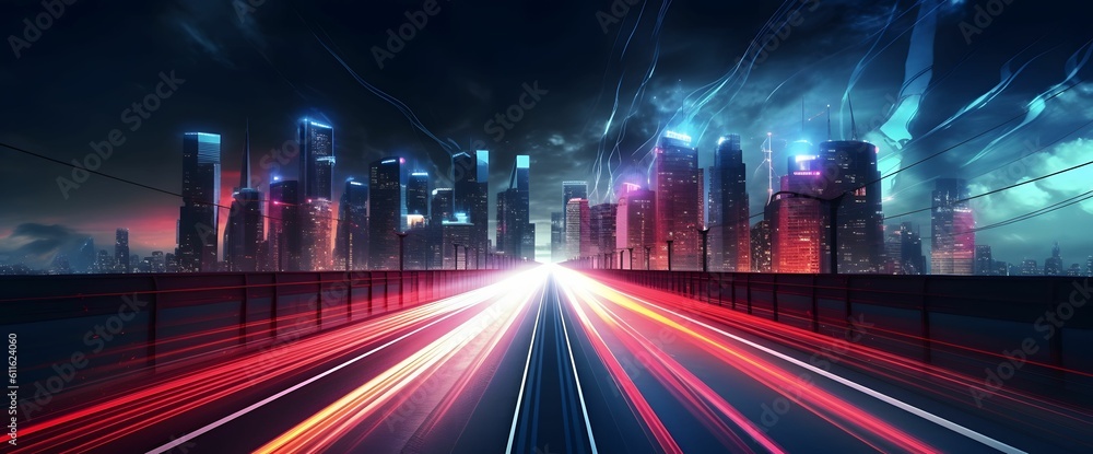 Light Trails with Motion Effect. Red and Blue High Speed Light Effect. Long Exposure. Generative AI