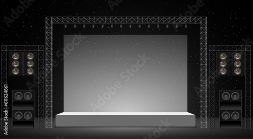 white stage and speaker with spotlight on the truss system on the white background 
