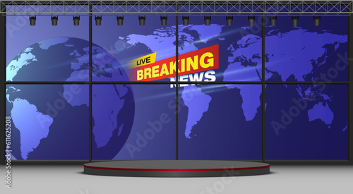 stand and breaking news on lcd screen background in the news studio room
