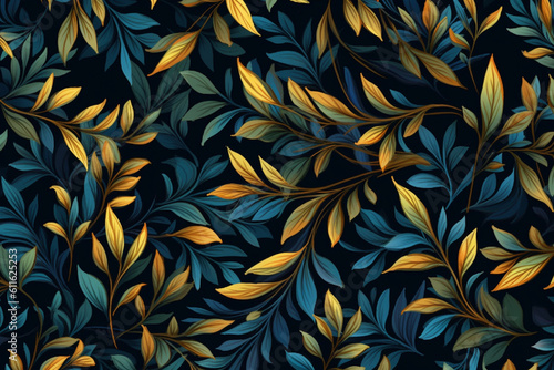 Dark blue, green and golden leaves on a dark blue background, pattern design, Generative AI