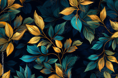 Dark blue, green and golden leaves on a dark blue background, pattern design, Generative AI