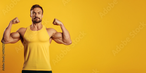 Handsome fit, athletic young man showing his muscles isolated on solid color background.