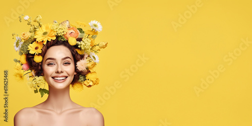 Ethereal Charm  A Serenely Happy Woman with Flowers in Her Hair