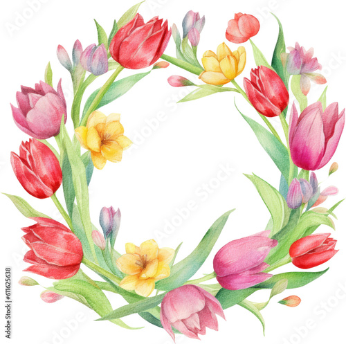 tulips wreath circle frame watercolor isolated