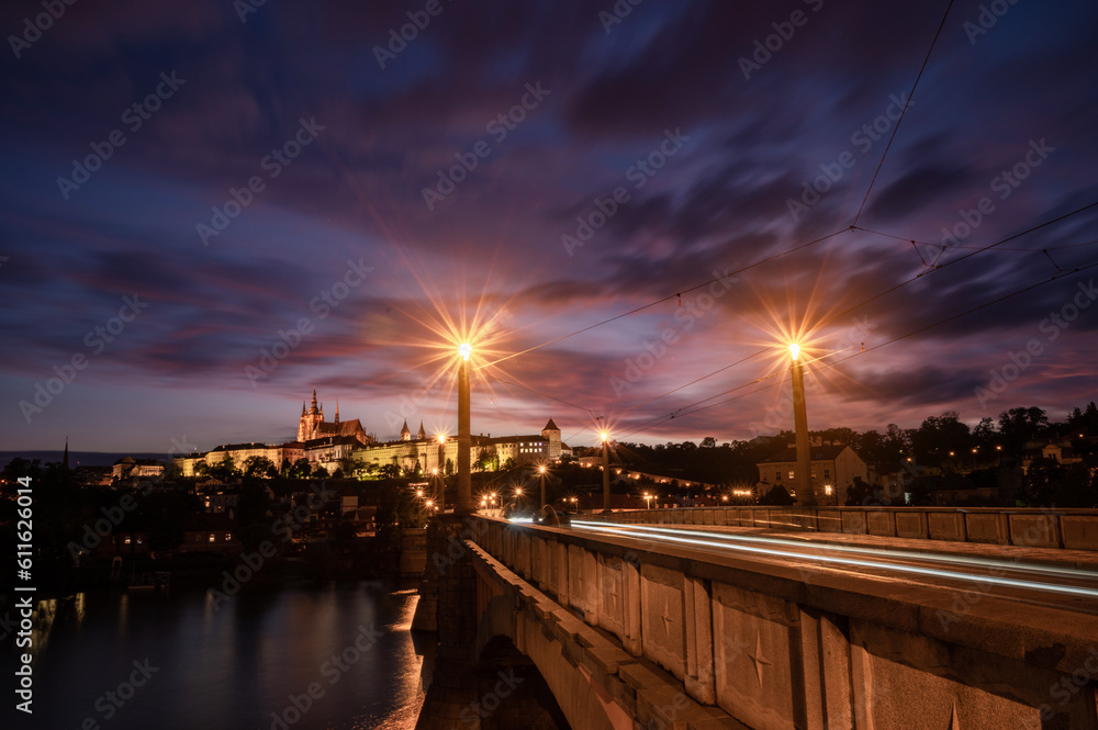 Panoramic nightscape above at Charles Bridge Prague Castle and river Vltava Prague Czech Republic Panoramic nightscape above at Charles Bridge Prague Castle and river Vltava Prague Czech Republic