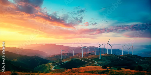 Beautiful view of Windmills or Wind Turbines farm. With a colorful sky and mountains as a background.