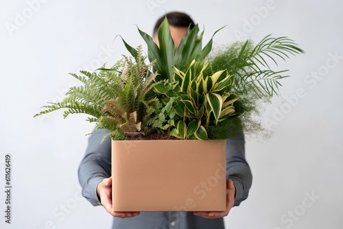 A man holds a planter that says'plants'in the middle. Generative AI photo