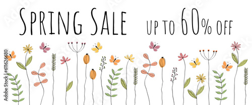 Spring Sale up to 60% off - Schriftzug in englischer Sprache - Frühlingsverkauf bis zu 60% Rabatt. Verkaufsbanner mit Schmetterlingen über einer Blumenwiese.