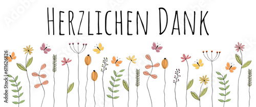 Herzlichen Dank - Schriftzug in deutscher Sprache. Dankeskarte mit liebevoll gezeichneter Blumenwiese.
