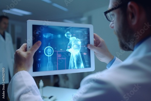 A doctor holds a tablet with a digital image of a human body on it. Generative AI photo