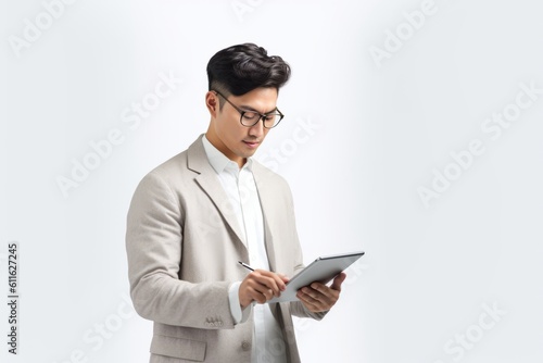 A man in a suit writing on a tablet mock up Generative AI