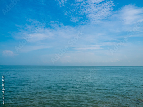 Panorama front view landscape Blue sea and sky blue background morning day look calm summer Nature tropical sea Beautiful ocen water travel Bangsaen Beach East thailand Chonburi Exotic horizon.