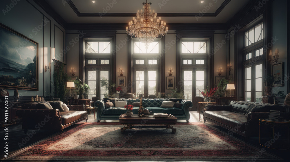 Lavish Living Room Sanctuary with Designer Furniture, High Ceilings, and Elegant Decorative Accents. Lavish Living Room Sanctuary with Designer Furniture, High Ceilings, and Elegant Decorative Accents.