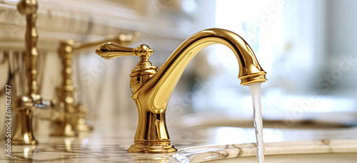 Gold bathroom faucet. Water tap , faucet. Modern marble bathroom interior with gold faucet 