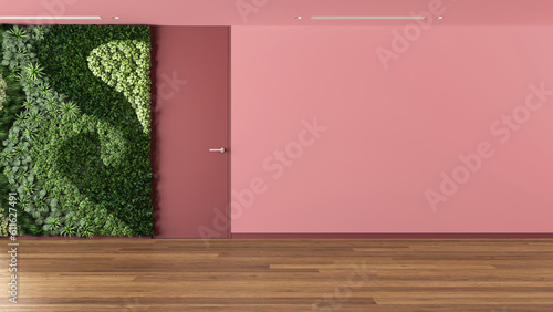 Empty room interior design, open space with vertical garden, parquet floor, red walls and minimal door, copy space, modern contemporary architecture concept idea