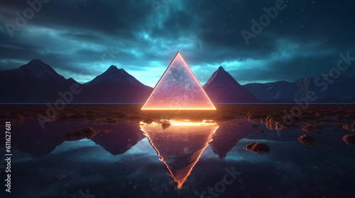 Abstract neon background with geometric shape  Beautiful frame and extraterrestrial landscape under the night sky and Rocks. Futuristic minimalist wallpaper. Created with Generative AI.