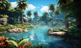 beautiful jungle beach lagoon view  palm trees and tropical leaves,