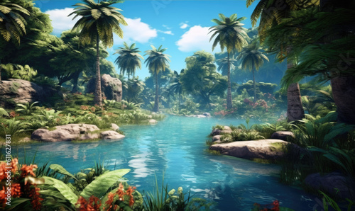 beautiful jungle beach lagoon view  palm trees and tropical leaves 