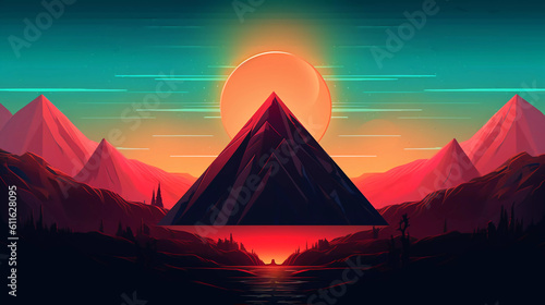 Abstract neon background with geometric shape  Beautiful frame and extraterrestrial landscape under the sky  sun and rocks. Futuristic minimalist wallpaper. Created with Generative AI.