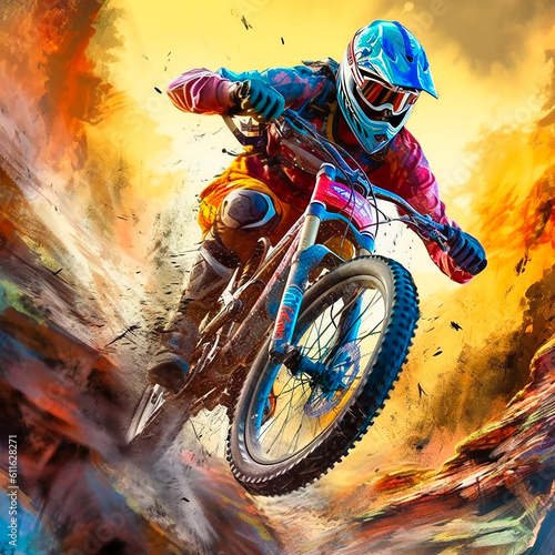 Fotografie Young athletic man in helmet and protective gear riding downhill on mountainbike