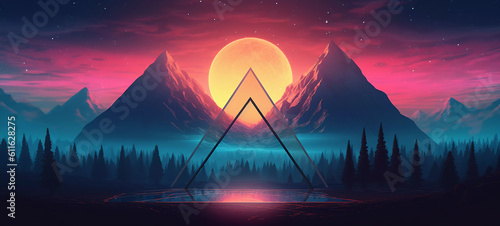 Abstract neon background with geometric shape  Beautiful frame and extraterrestrial landscape under the sky  sun and rocks. Futuristic minimalist wallpaper. Created with Generative AI.