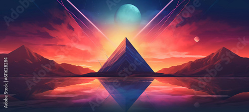 Abstract neon background with geometric shape, Beautiful frame and extraterrestrial landscape under the sky, sun and rocks. Futuristic minimalist wallpaper. Created with Generative AI.