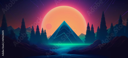 Abstract neon background with geometric shape  Beautiful frame and extraterrestrial landscape under the night sky and Rocks. Futuristic minimalist wallpaper. Created with Generative AI.