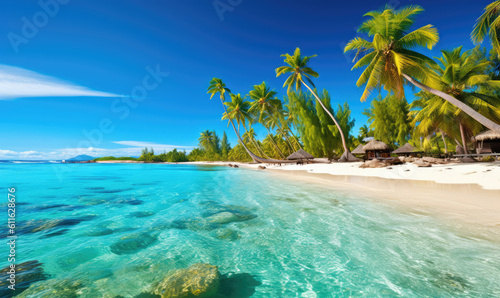 beautiful beach lagoon with palm trees © STORYTELLER AI