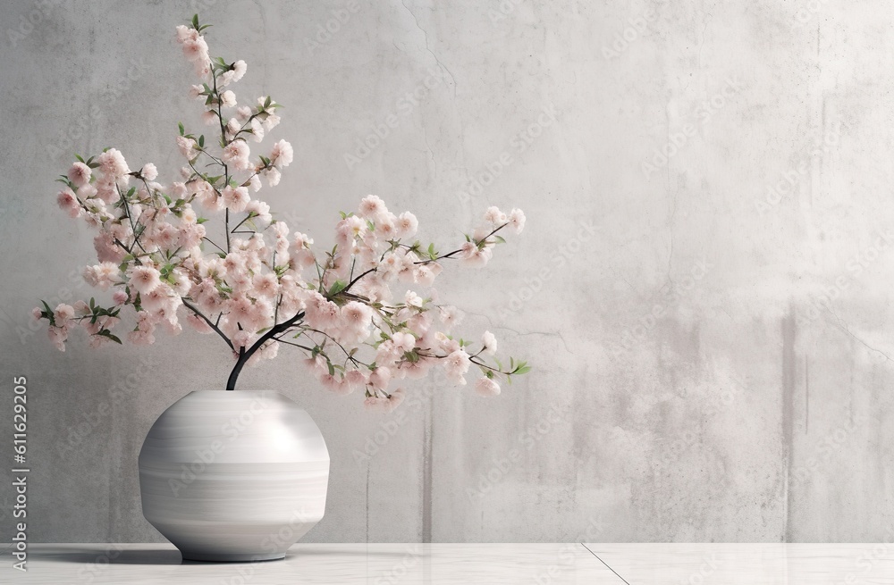Cherry blossom in a White ceramic vase on table, in sunlight from window on pastel gray wall, shadow on floor for decoration, luxury cosmetics, skincare, beauty product display, generative ai