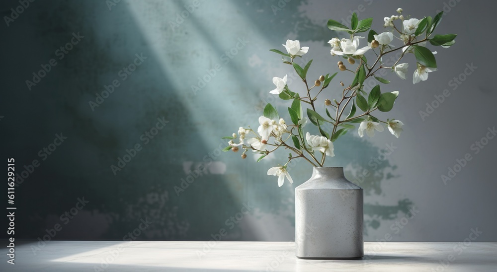 White ceramic vase with blooming flowers branches in sunlight from window on pastel emerald gray wall, shadow on white floor for decoration, luxury cosmetics, skincare, beauty product, generative ai White ceramic vase with blooming flowers branches in sunlight from window on pastel emerald gray wall, shadow on white floor for decoration, luxury cosmetics, skincare, beauty product, generative ai