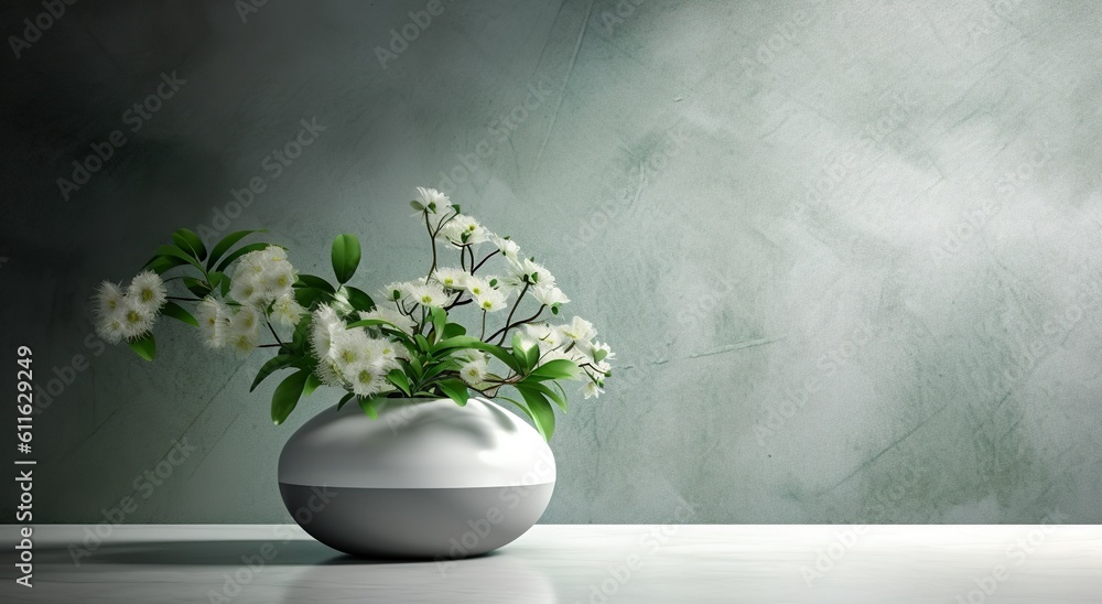 White ceramic vase with blooming flowers branches in sunlight from window on pastel emerald gray wall, shadow on white floor for decoration, luxury cosmetics, skincare, beauty product, generative ai White ceramic vase with blooming flowers branches in sunlight from window on pastel emerald gray wall, shadow on white floor for decoration, luxury cosmetics, skincare, beauty product, generative ai