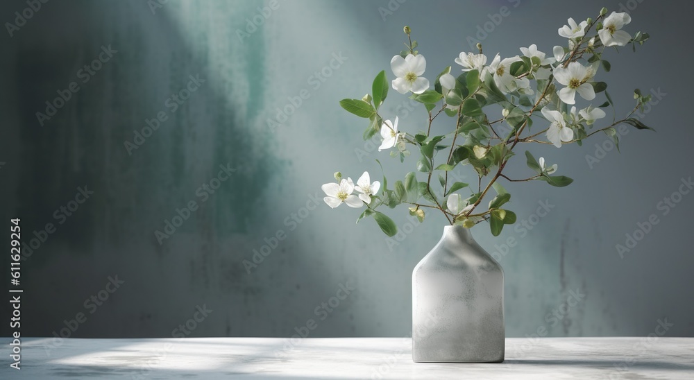 Gray vase with blooming flowers branches in sunlight from window on pastel emerald gray wall, shadow on white floor for decoration, luxury cosmetics, skincare, beauty product display, generative ai Gray vase with blooming flowers branches in sunlight from window on pastel emerald gray wall, shadow on white floor for decoration, luxury cosmetics, skincare, beauty product display, generative ai