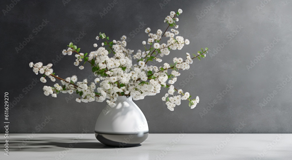 White ceramic vase with blooming flowers in sunlight from window on dark gray wall, shadow on gray floor for decoration, luxury cosmetic, skincare, beauty product background, generative ai