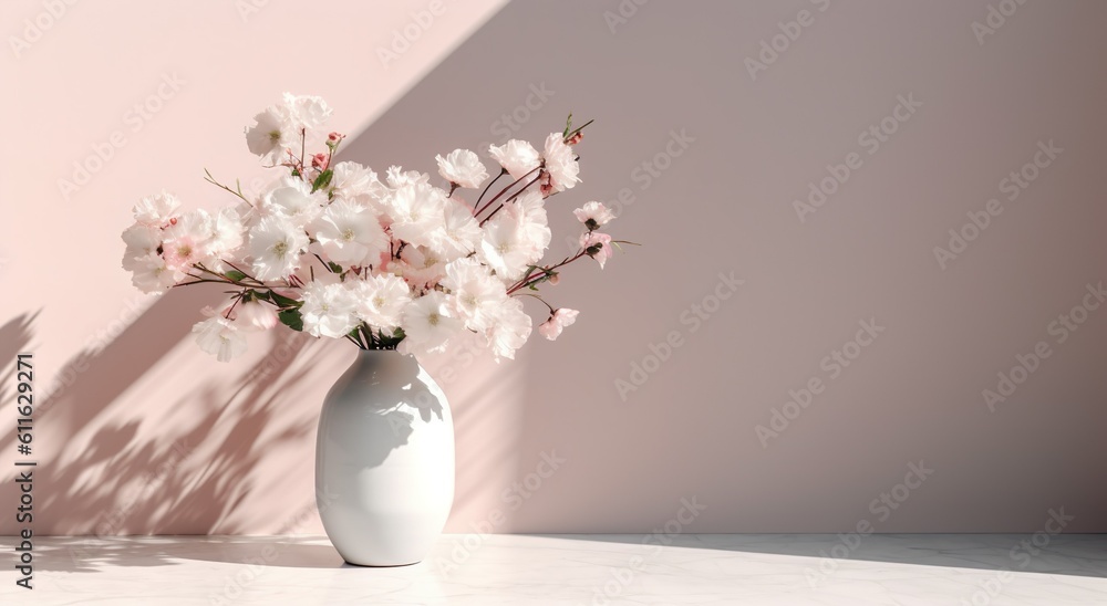 White ceramic vase with blooming flowers branches in sunlight from window on pastel pink gray wall shadow on white floor for decoration, luxury cosmetic skincare beauty product display, generative ai