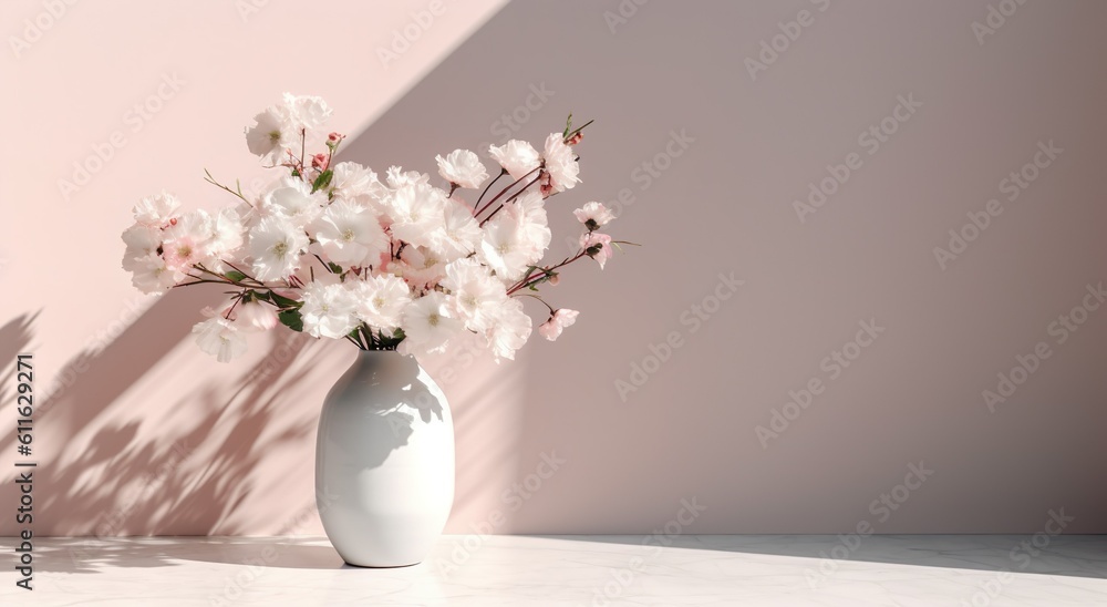 Fototapeta premium White ceramic vase with blooming flowers branches in sunlight from window on pastel pink gray wall shadow on white floor for decoration, luxury cosmetic skincare beauty product display, generative ai