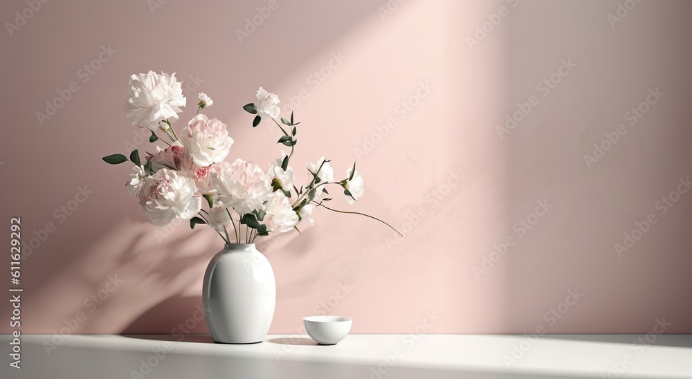 White ceramic vase with blooming flowers branches in sunlight from window on pastel pink gray wall shadow on white floor for decoration, luxury cosmetic skincare beauty product display, generative ai