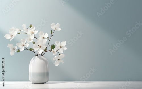 Wallpaper Mural White ceramic vase with blooming white flowers in sunlight from window on pastel blue wall, shadow on white floor for decoration, luxury cosmetic, skincare, beauty product background, generative ai Torontodigital.ca