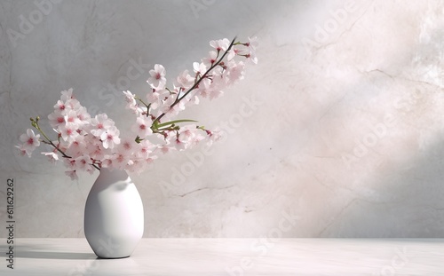 White ceramic vase with blooming pink flowers in sunlight from window on pastel pink gray wall, shadow on white floor for decoration, luxury cosmetic skincare, beauty product background, generative ai