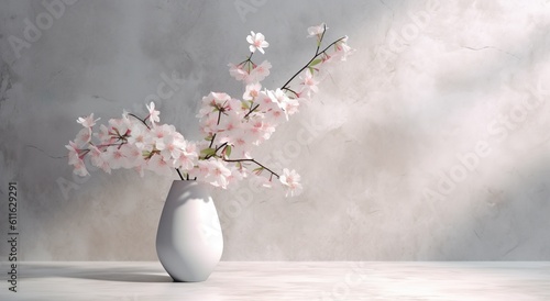 White ceramic vase with blooming flowers branches in sunlight from window on pastel gray wall, shadow on white floor for decoration, luxury cosmetic, skincare, beauty product, Generative ai