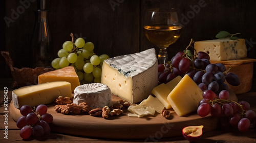 A tempting selection of various cheeses with grapes and crackers