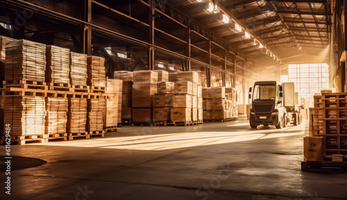 a truck in a big industrial warehouse, generative ai