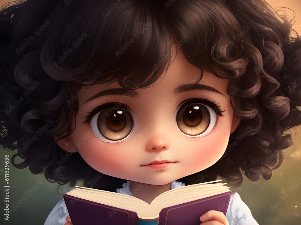 a little cute girl with curly hair reading a book a little cute girl with curly hair reading a book