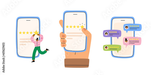 Consumer feedback. People give five stars feedback. Clients leaving positive review. Flat cartoon vector illustration.